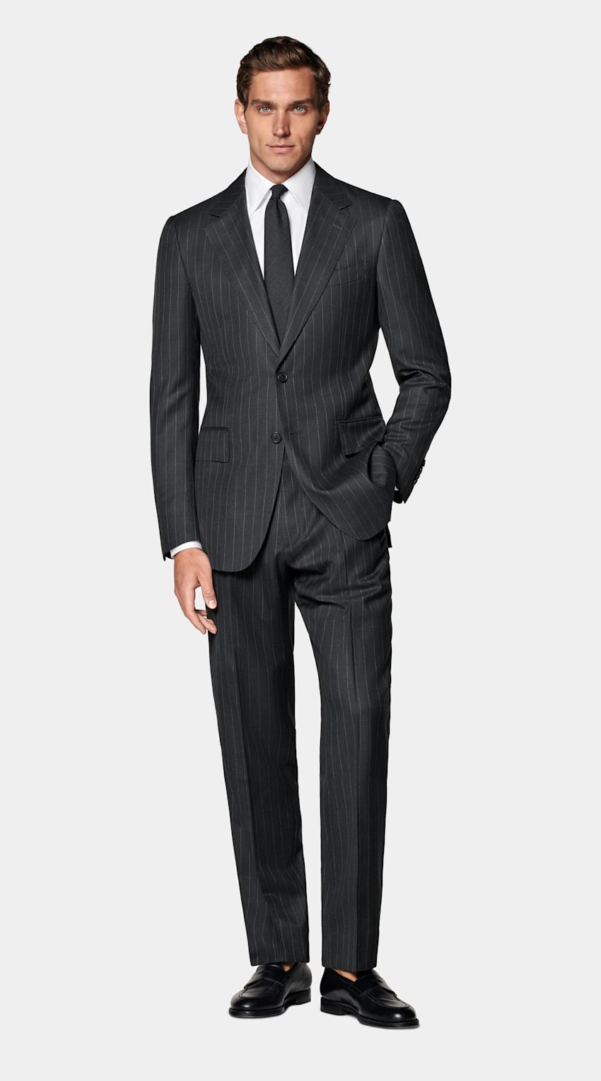 SUITSUPPLY All Season Pure S130's Wool by Delfino, Italy Dark Grey Striped Tailored Fit Milano Suit