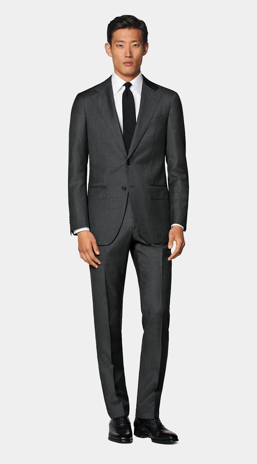 SUITSUPPLY All Season Pure S130's Wool by Drago, Italy Dark Grey Houndstooth Tailored Fit Havana Suit