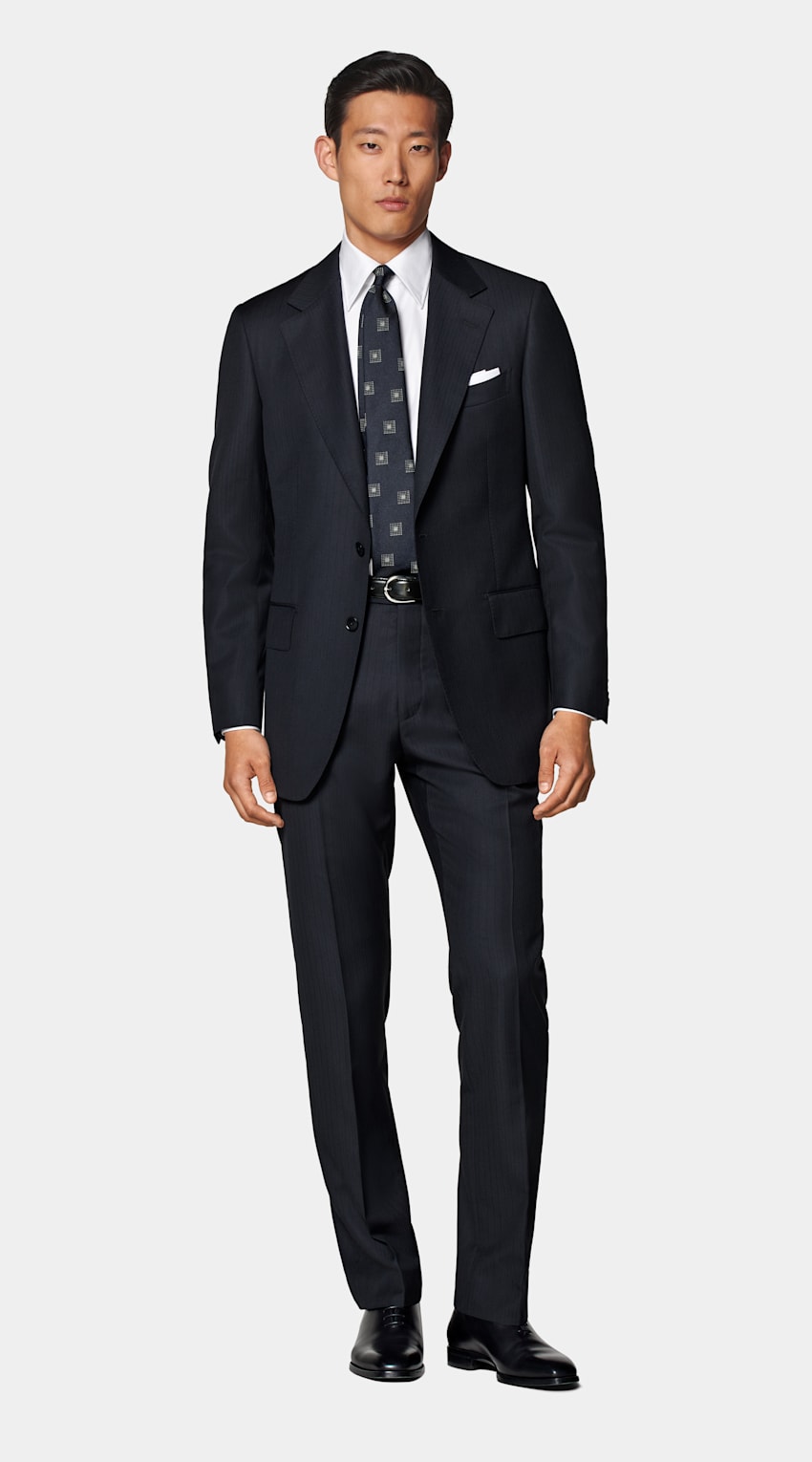 SUITSUPPLY All Season Pure S130's Wool by E.Thomas, Italy Navy Striped Tailored Fit Milano Suit