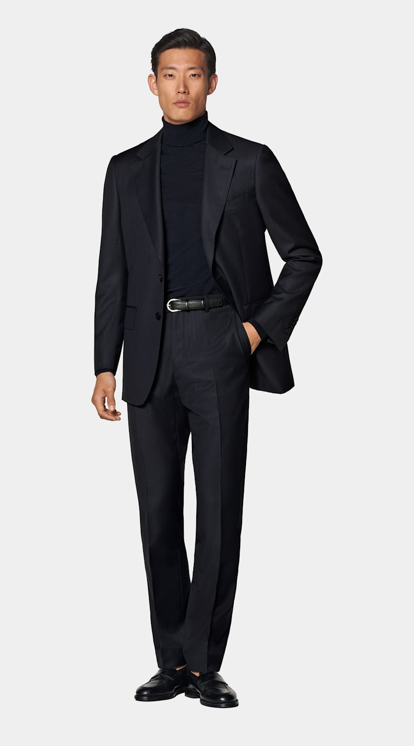 Navy Striped Tailored Fit Milano Suit in Pure S130's Wool