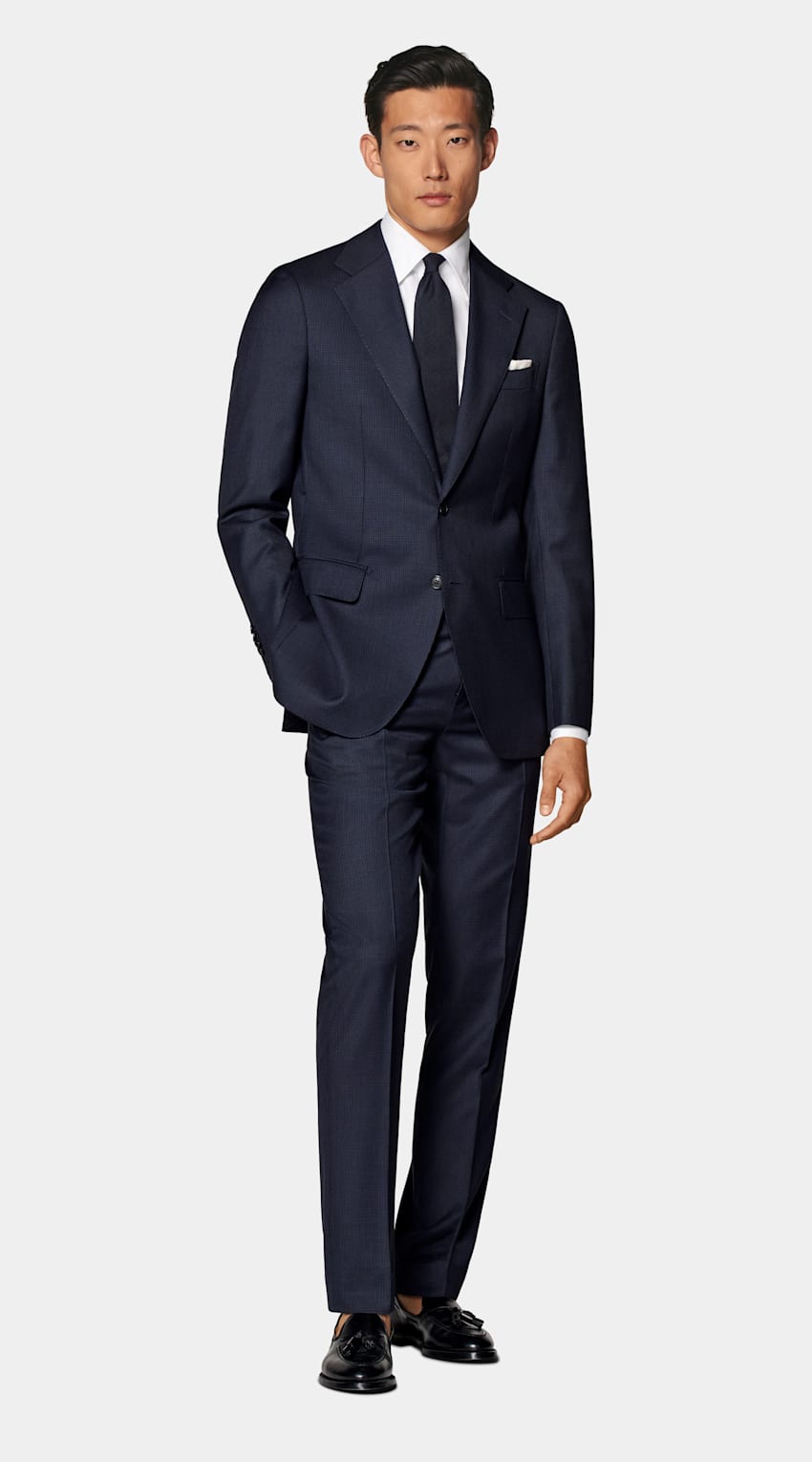 SUITSUPPLY All Season Ren S130's-ull från Drago, Italien Havana marinblå hundtandsmönstrad kostym med tailored fit