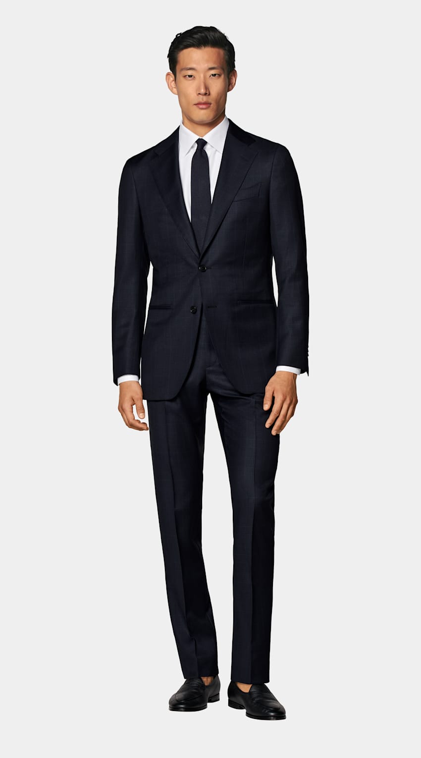 SUITSUPPLY All Season Pure Wool Traveller by Lanificio Ermenegildo Zegna, Italy Navy Checked Tailored Fit Havana Suit