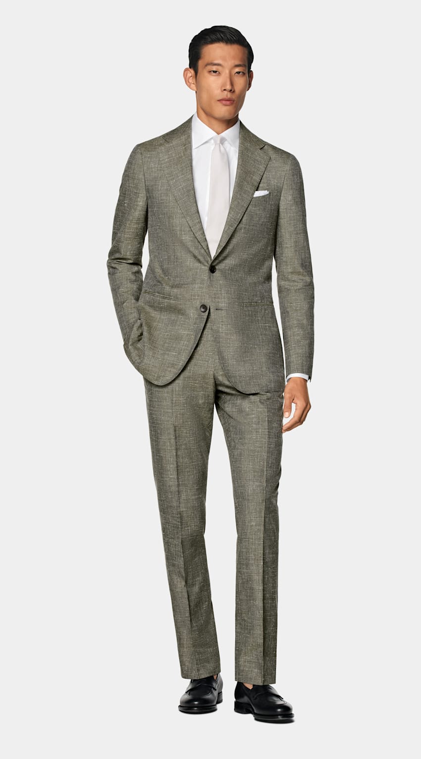 SUITSUPPLY Summer Wool Silk Linen by Rogna, Italy Light Green Tailored Fit Havana Suit