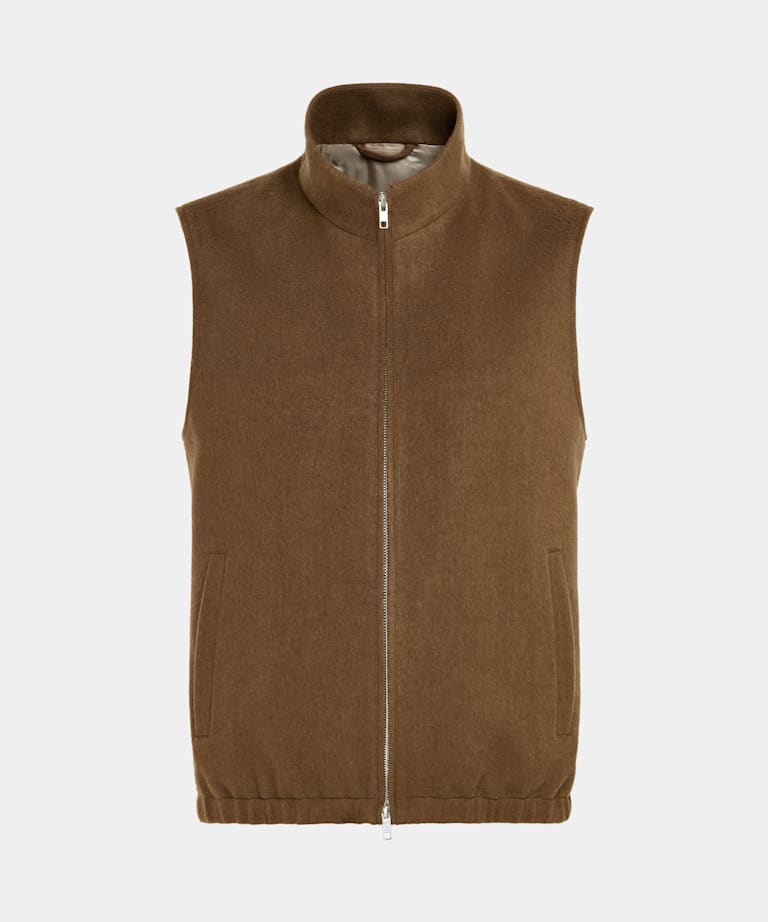 SUITSUPPLY 意大利 Rogna 生产的Circular 羊绒面料面料 中棕色拉链背心
