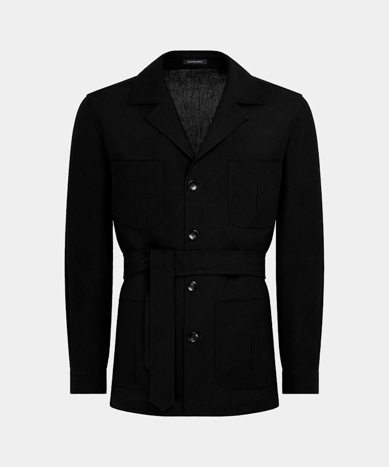 SUITSUPPLY Pure Linen by Rogna, Italy Black Relaxed Fit Safari Jacket