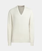 Sweter w serek prążkowany w odcieniu bieli