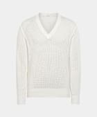 Pull col V en crochet blanc cassé