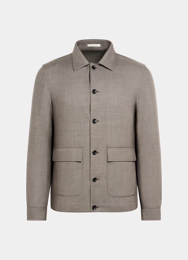 SUITSUPPLY Wrinkle-Free 4-Ply Wool by Rogna, Italy Taupe Bomber Jacket