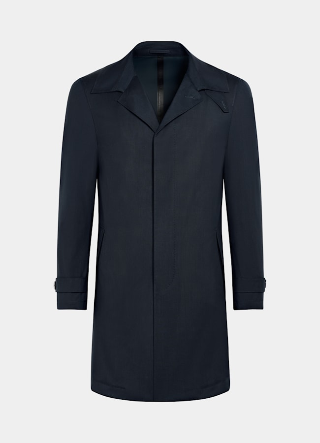 SUITSUPPLY Water-Repellent Wool Polyurethane by Vitale Barberis Canonico, Italy Navy Raincoat