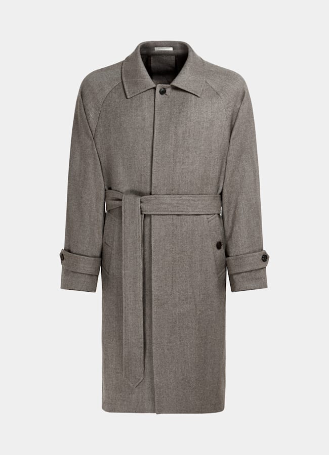 SUITSUPPLY Lana y cachemir de Rogna, Italia Abrigo gris topo punto de espiga con cinturón