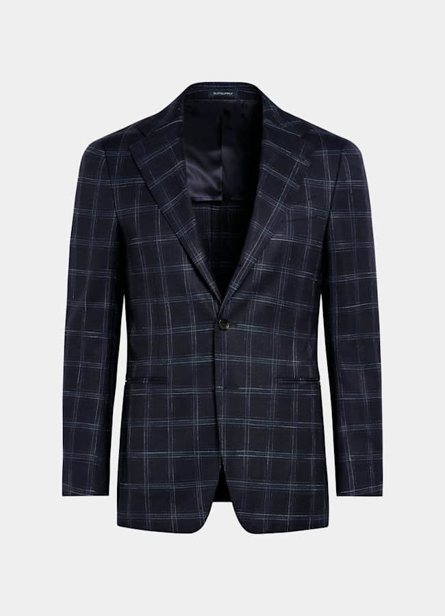 SUITSUPPLY Summer Stretch Wool Blend by Reda, Italy Navy Checked Tailored Fit Havana Blazer