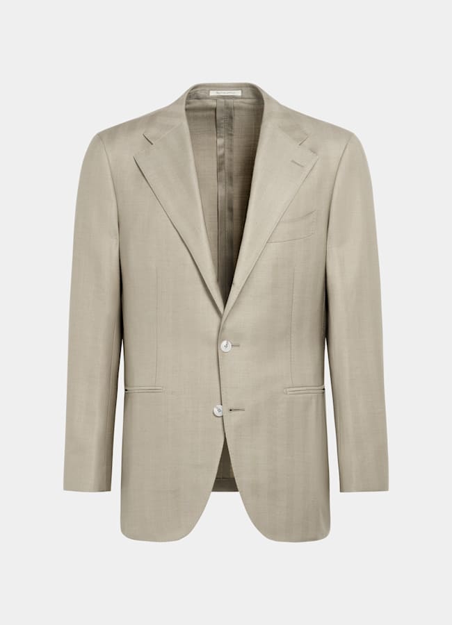 SUITSUPPLY All Season Wool Silk Linen by Rogna, Italy Light Green Herringbone Relaxed Fit Roma Blazer