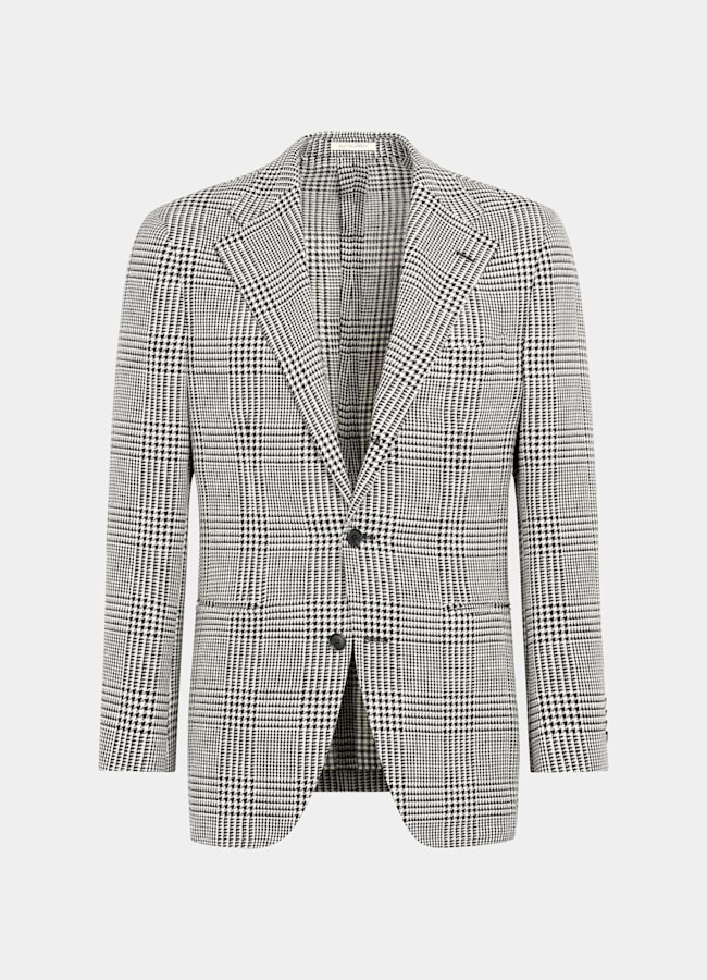 SUITSUPPLY All Season Linen Silk Wool Cotton by Ferla, Italy Black Checked Relaxed Fit Roma Blazer