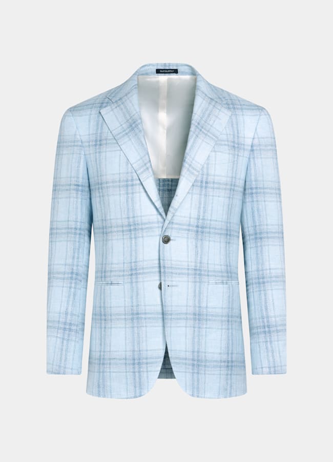 SUITSUPPLY Summer Linen Wool Silk by Lanificio Ermenegildo Zegna, Italy Light Blue Checked Tailored Fit Havana Blazer