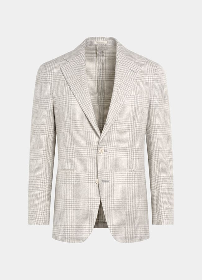SUITSUPPLY Summer Linen Silk Wool Cotton by Ferla, Italy Light Grey Checked Relaxed Fit Roma Blazer