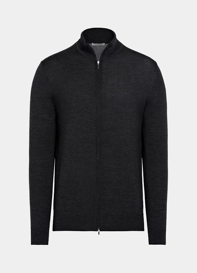 SUITSUPPLY Pure Wool Dark Grey Merino Zip Cardigan