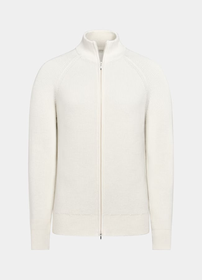 SUITSUPPLY Pure Wool Off-White Ribbed Zip Cardigan