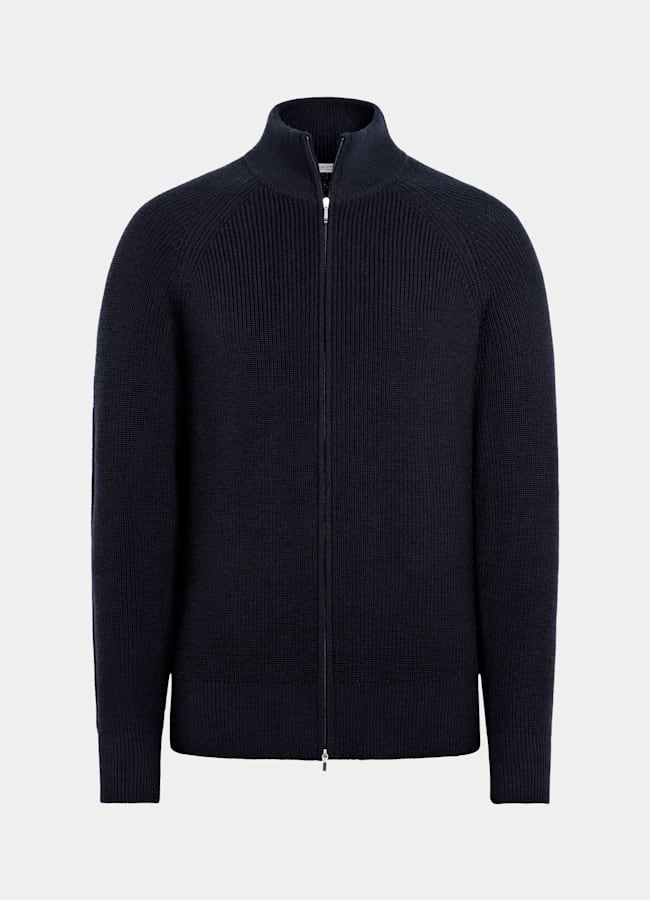 SUITSUPPLY Pure Wool Navy Ribbed Zip Cardigan