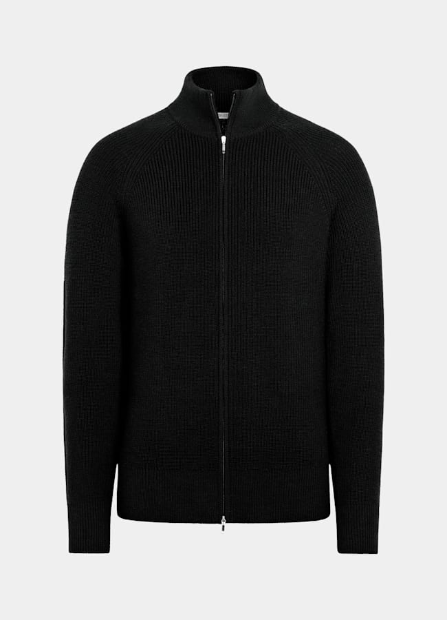 SUITSUPPLY Pure Wool Black Ribbed Zip Cardigan