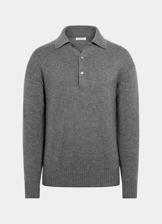 SUITSUPPLY Pure Cashmere Mid Grey Long Sleeve Polo