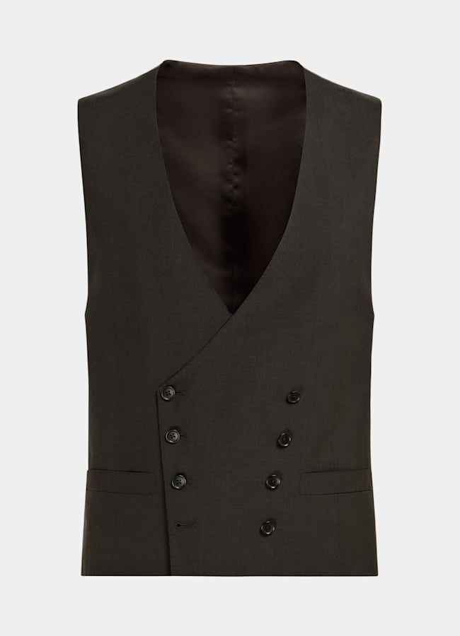 SUITSUPPLY Lana, seda y lino de Rogna, Italia  Traje Havana tres piezas marrón oscuro corte Tailored