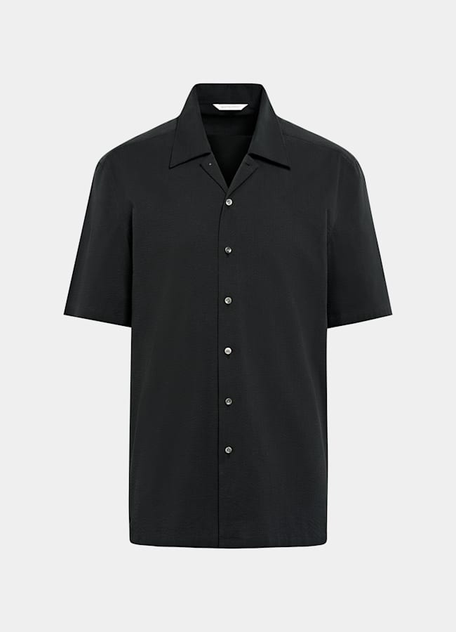 SUITSUPPLY Ägyptische Baumwolle Seersucker von Testa 1919 Srl, Italien Schwarzes Baumwollhemd mit kurzen Ärmeln