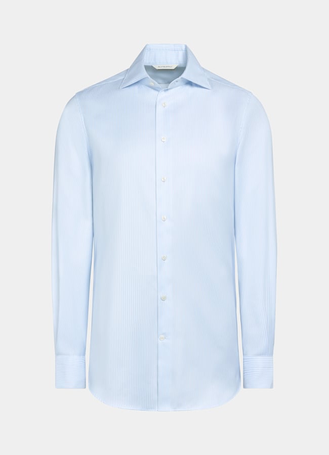 SUITSUPPLY Wrinkle-Free Pima Cotton by Weba, Switzerland Light Blue Striped Widespread Collar Shirt