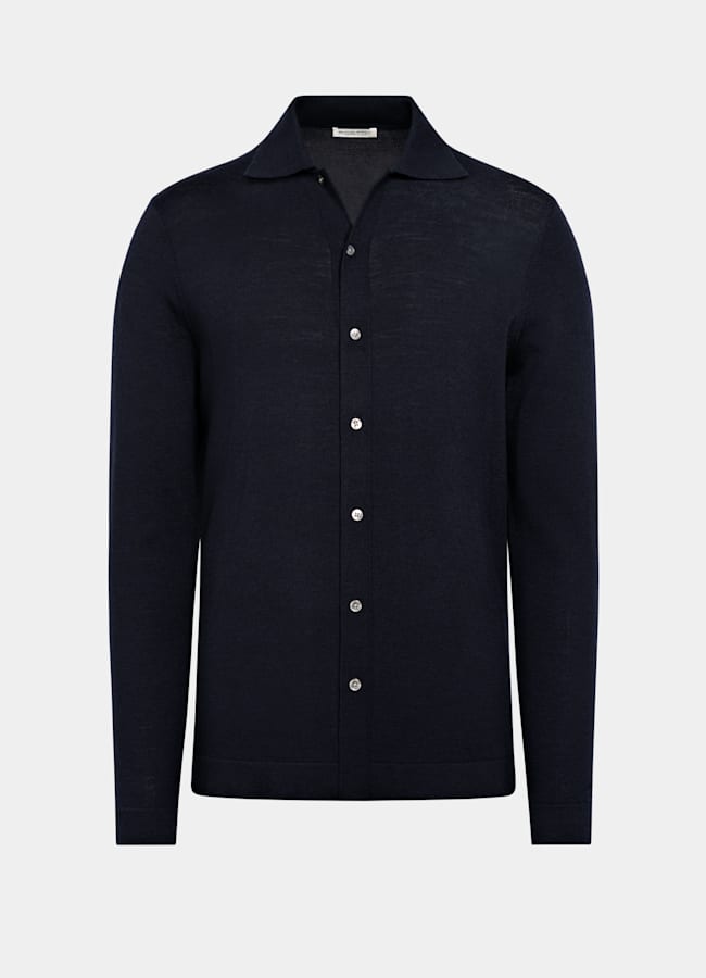 SUITSUPPLY Pure Wool Navy Merino Long Sleeve Polo Cardigan