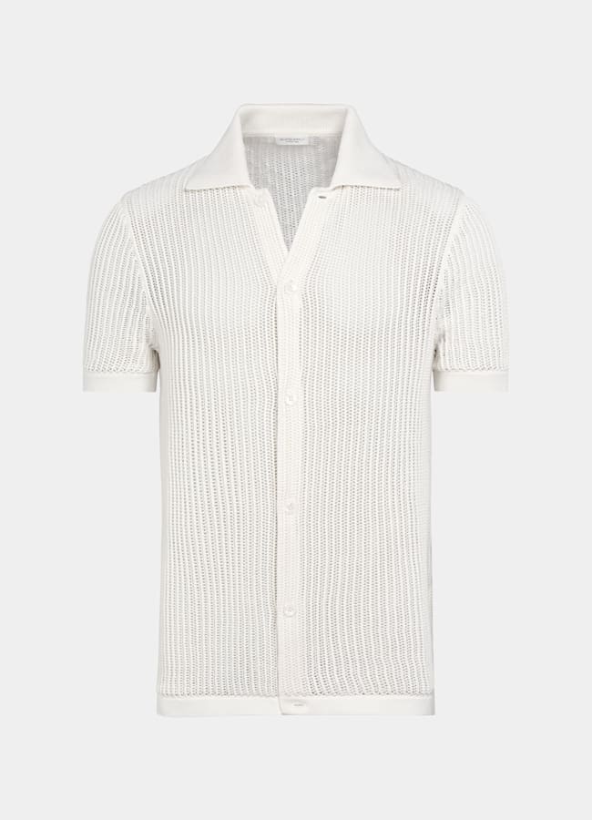 SUITSUPPLY Californian Cotton & Mulberry Silk Off-White Crochet Polo Cardigan