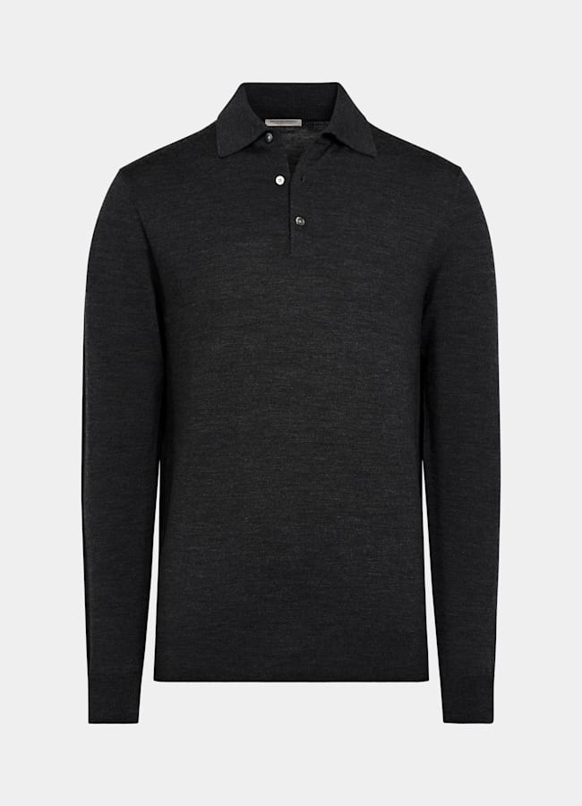 SUITSUPPLY Pure Wool Dark Grey Merino Long Sleeve Polo