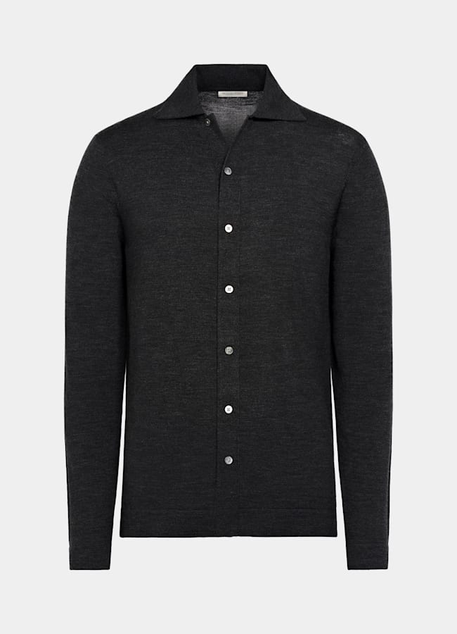 SUITSUPPLY Pure Wool Dark Grey Merino Long Sleeve Polo Cardigan