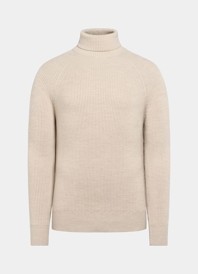 SUITSUPPLY Pura lana Jersey cuello alto ribeteado arena merino