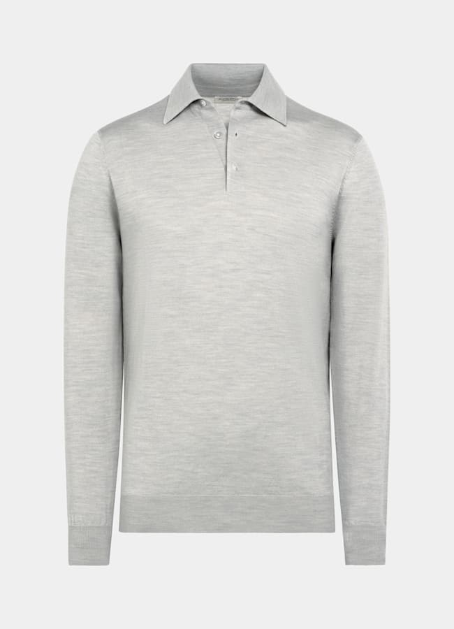 SUITSUPPLY Pure Wool Light Grey Merino Long Sleeve Polo