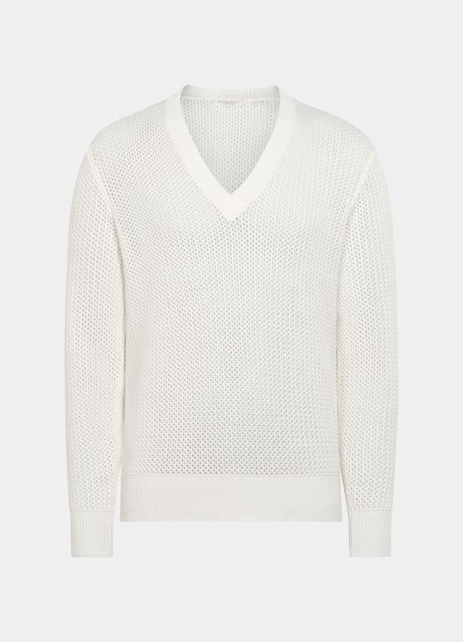 SUITSUPPLY Cotton Silk Off-White Crochet V-Neck