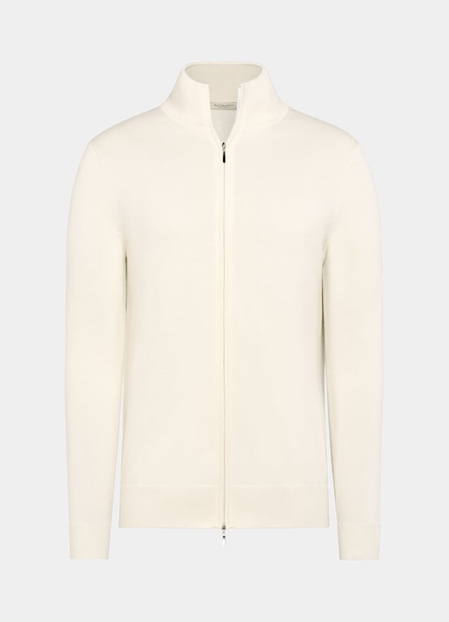 SUITSUPPLY Silk Wool Cashmere Off-White Zip Cardigan