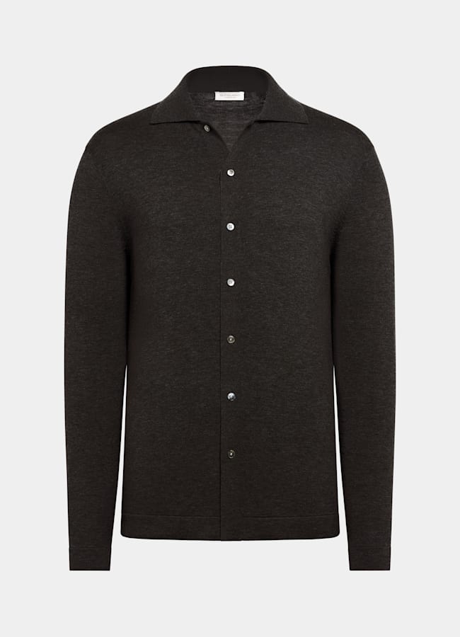 SUITSUPPLY Cotton Silk Dark Brown Long Sleeve Polo Cardigan