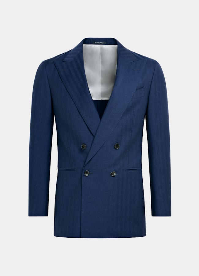 SUITSUPPLY All Season Wool Silk by Rogna, Italy Mid Blue Herringbone Perennial Tailored Fit Havana Suit