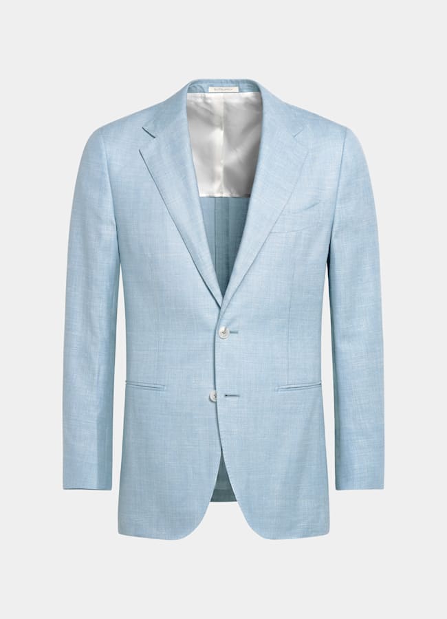 SUITSUPPLY Summer Wool Silk Linen by E.Thomas, Italy Light Blue Three-Piece Tailored Fit Havana Suit