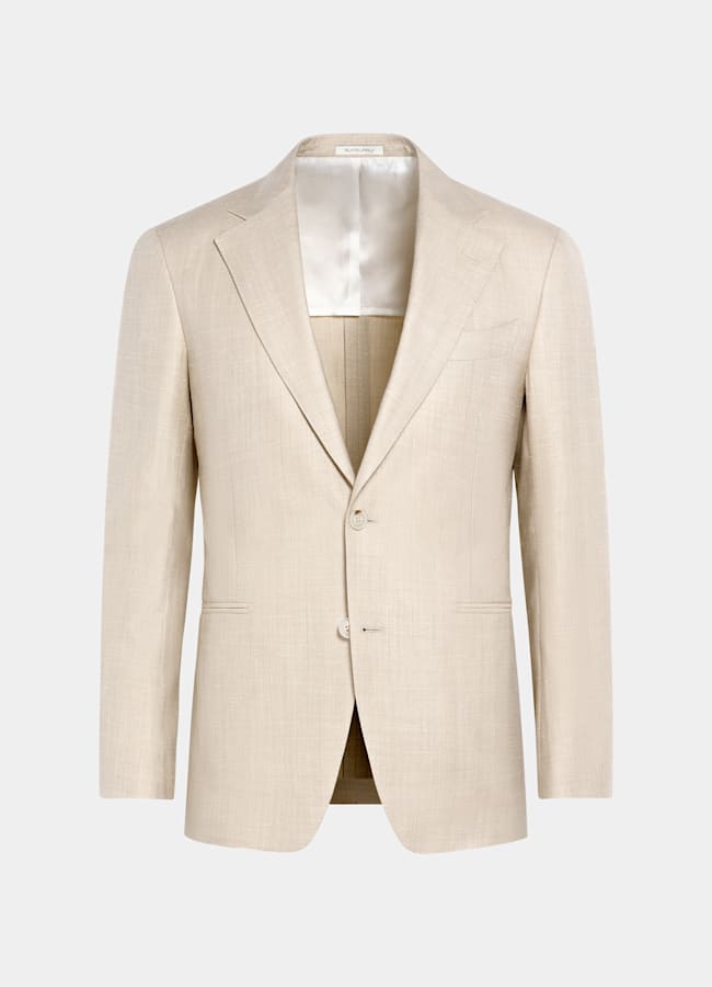 SUITSUPPLY Summer Wool Silk Linen by Rogna, Italy Sand Herringbone Tailored Fit Havana Suit