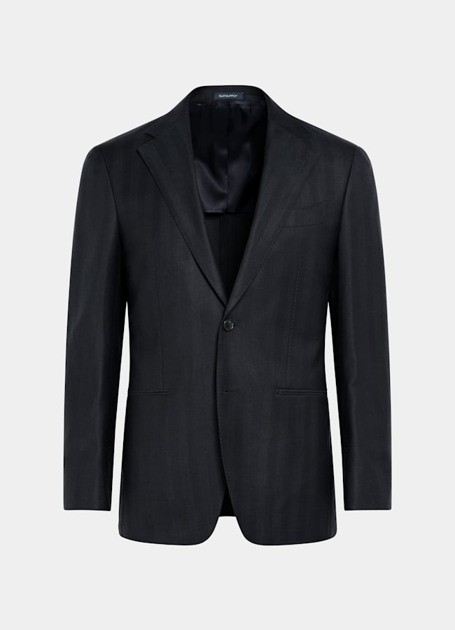 SUITSUPPLY Summer Wool Silk Linen by Rogna, Italy Navy Herringbone Tailored Fit Havana Suit