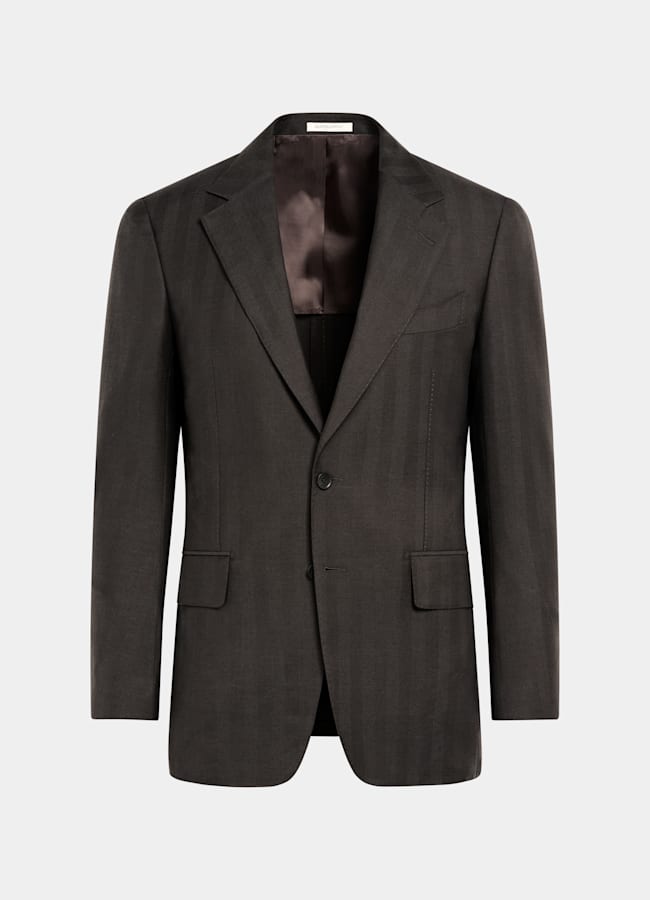 SUITSUPPLY Summer Wool Silk Linen by Rogna, Italy Dark Brown Herringbone Tailored Fit Milano Suit