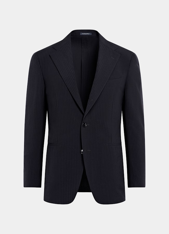 SUITSUPPLY Summer Pure Wool Seersucker by Delfino, Italy Navy Relaxed Fit Roma Suit