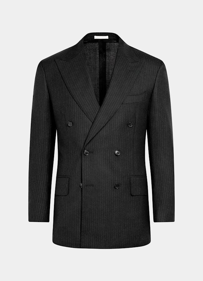 SUITSUPPLY All Season Pure Wool by Marling & Evans, United Kingdom Black Striped Tailored Fit Milano Suit