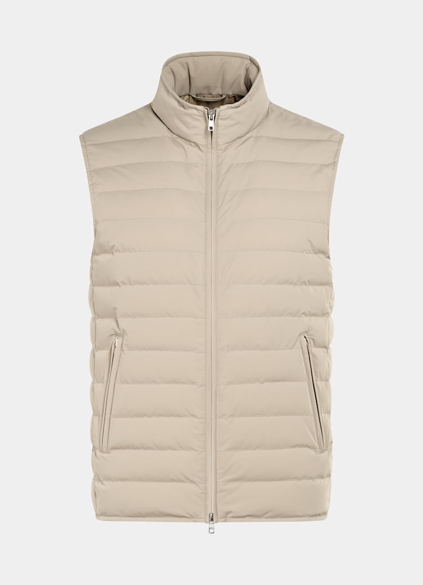 SUITSUPPLY Technical Fabric Taupe Down Zip Vest