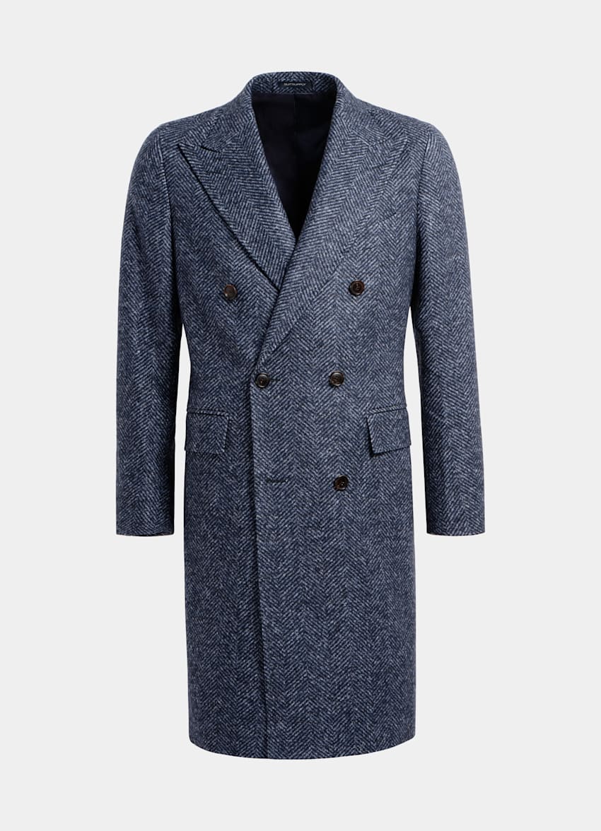 Blue Herringbone Custom Made Overcoat Wool Alpaca Polyamide Double