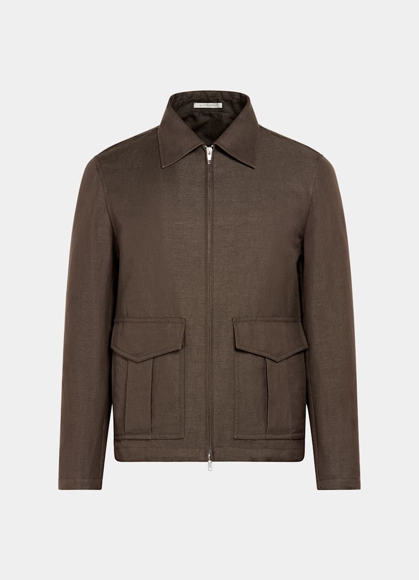 SUITSUPPLY Cotton Linen by Solbiati, Italy Dark Brown Bomber Jacket