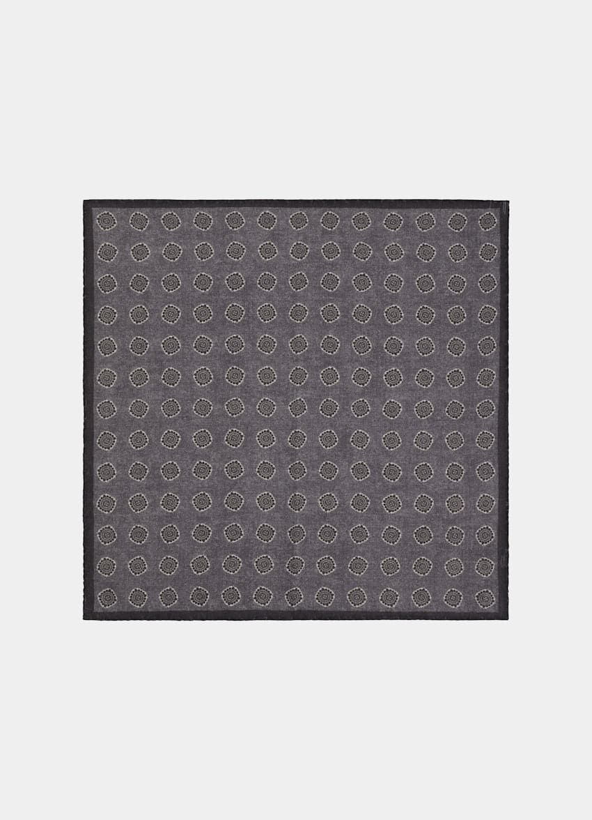 SUITSUPPLY Wool Silk by Silk Pro, Italy Grey Graphic Pocket Square