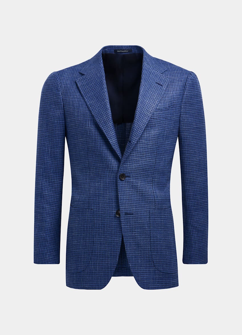 Mid Blue Houndstooth Havana Jacket | Wool Silk Linen Single Breasted ...