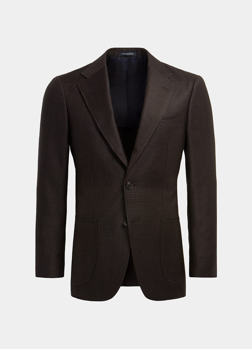 SUITSUPPLY Winter Wool Mohair by Delfino, Italy Mid Brown Houndstooth Tailored Fit Havana Blazer