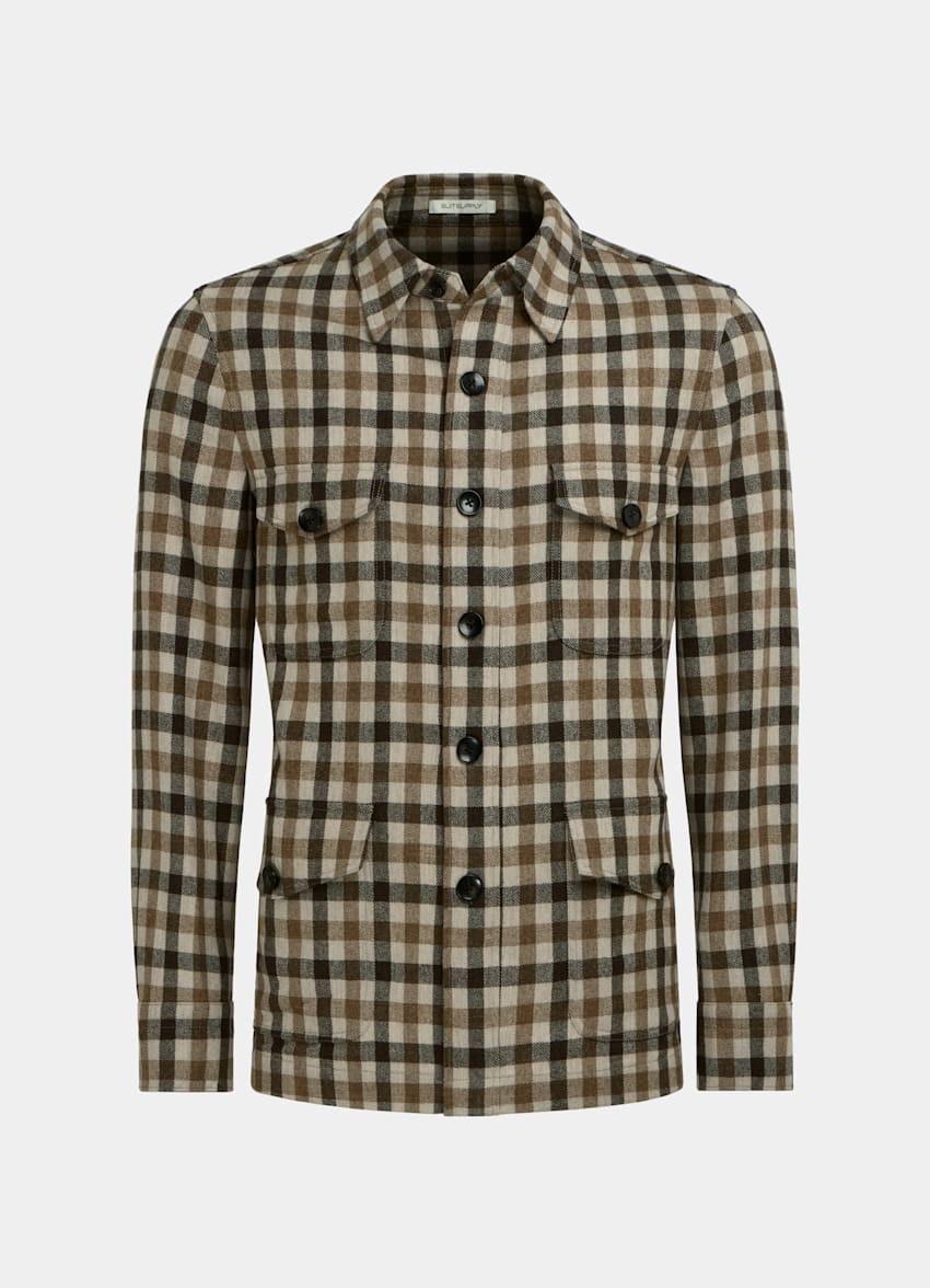 SUITSUPPLY Wool Cashmere by E.Thomas, Italy Mid Brown Checked William Shirt-Jacket